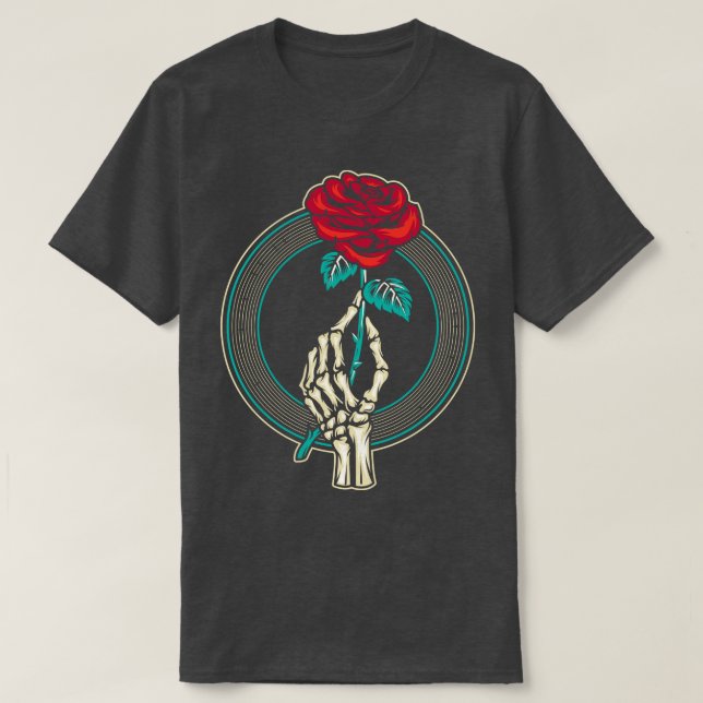 T-shirt Rouge Rose Fleur Squelette main (Design devant)