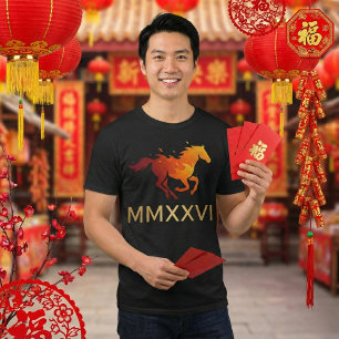 T-shirt Rouge vibrant et cheval de feu doré