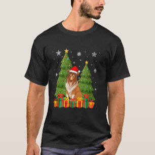 T-shirt Rough Collie Chien Xmas Lumières Arbre Santa Hat U