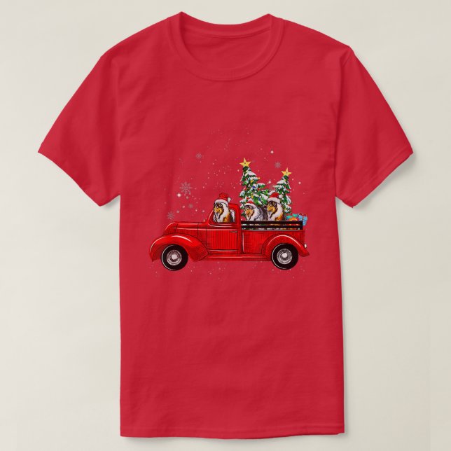 T-shirt Rough Collie Dog Driving Xmas Truck Christmas Tree (Design devant)