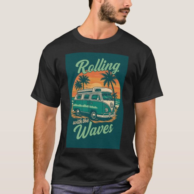 T-shirt Rouler avec les vagues - Retro Turquoise Beach Van (Devant)