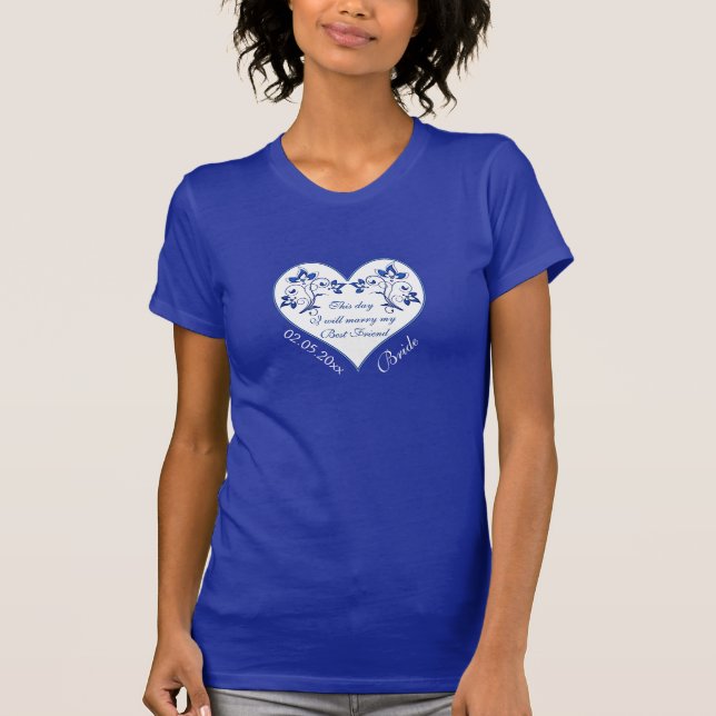 T-shirt Royal Blue, Blanc Floral Heart Bride (Devant)