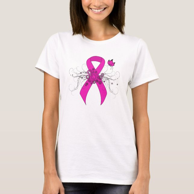 T-shirt Ruban de sensibilisation rose chaud avec papillon (Devant)