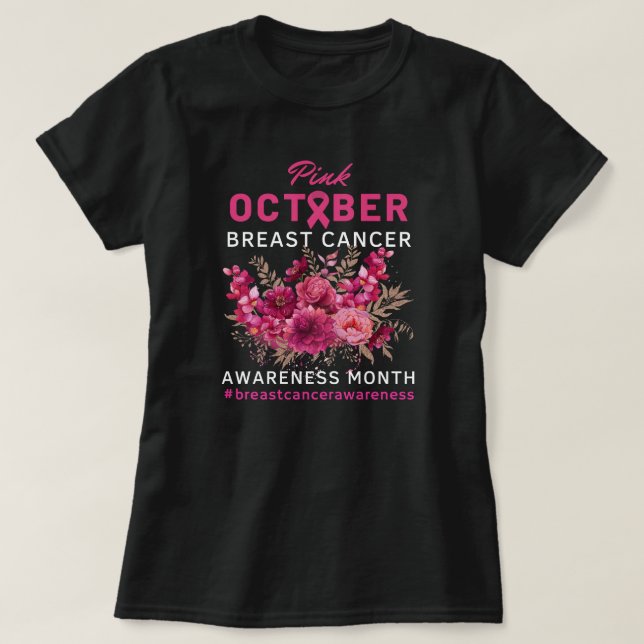 T-shirt Ruban rose floral Sensibilisation au cancer du sei (Design devant)
