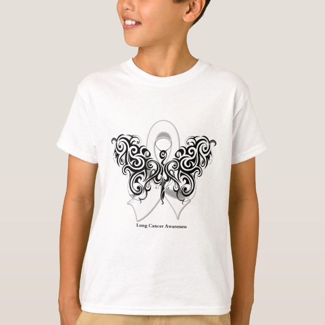 T-shirt Ruban tribal de papillon de cancer de poumon (Devant)
