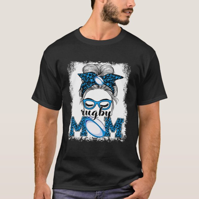 T-shirt Rugby Mom Mother's Day Game Day Messy Bun Leopard (Devant)