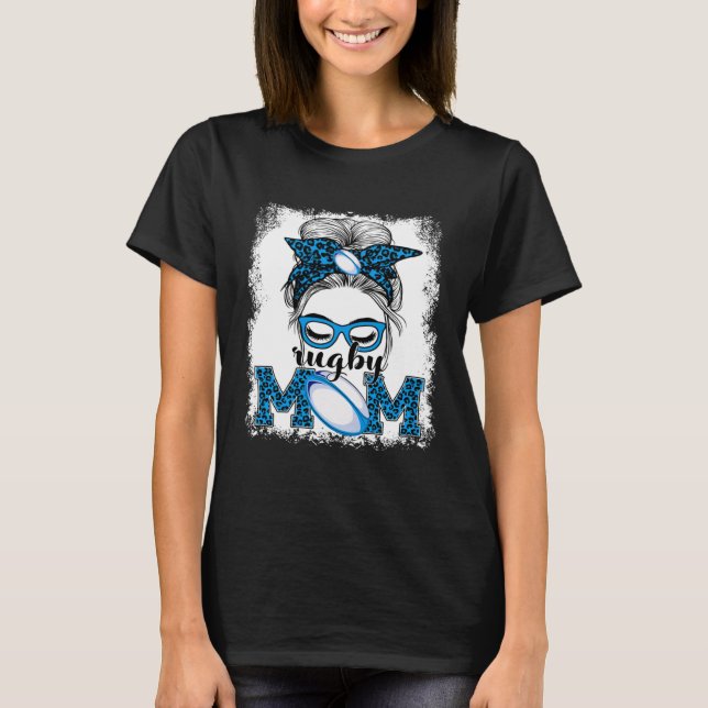 T-shirt Rugby Mom Mother's Day Game Day Messy Bun Leopard (Devant)