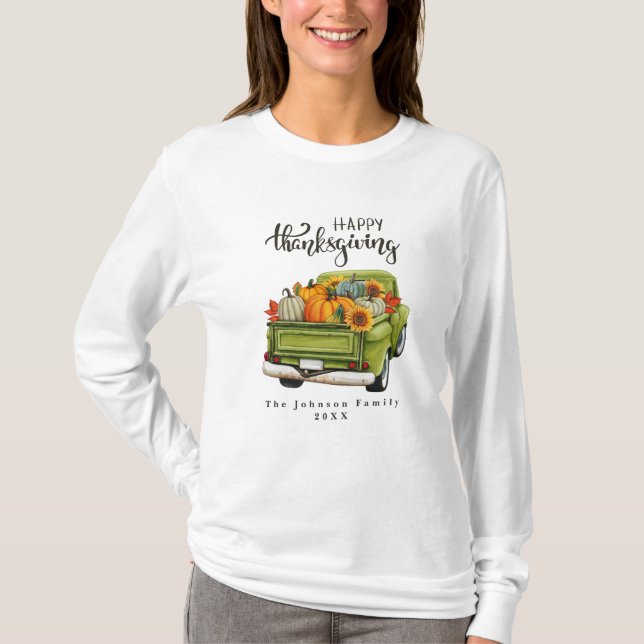 T-shirt Russe Green Farm Truck Thanksgiving Famille (Devant)