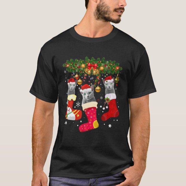 T-shirt Russian Blue Cats In Christmas Sock Funny Russian (Devant)