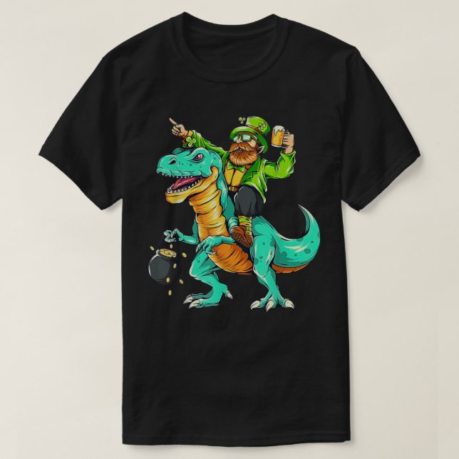 T-shirt Saint Patrick's Day Bearded Riding Dinosaur Shamro (Design devant)