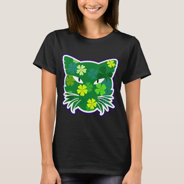 T-shirt Saint Patrick's day Chat Silhouette Green Shamrock (Devant)