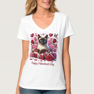 T-shirt Saint-Valentin des Coeurs et Rose Siamese Chat