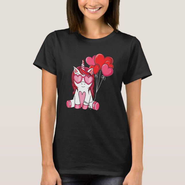 T-shirt Saint Valentin mignonne Unicorn Heart Balloon Girl (Devant)