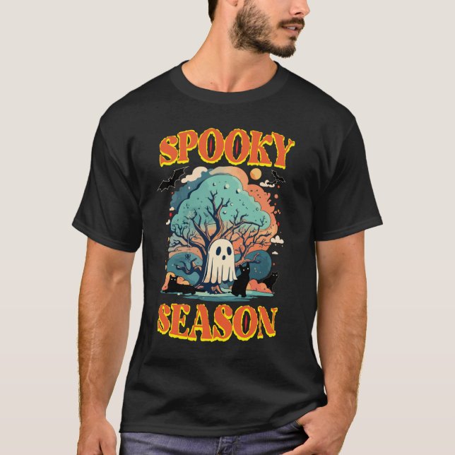 T-shirt Saison éffrayante Fantôme et Chat noir Halloween C (Devant)