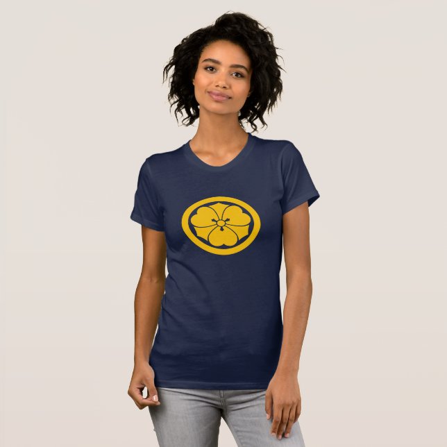 T-shirt Sakai Mon japonais samouraï clan jaune sur bleu (Devant entier)