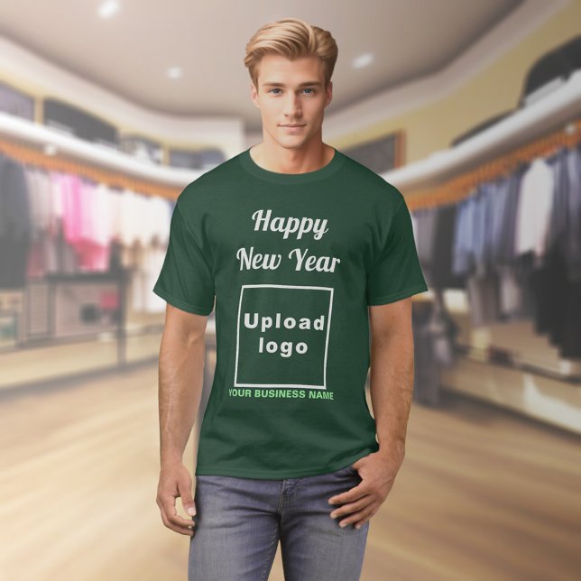 T-shirt Salutation du Nouvel An sur Deep Forest Green (Business name and logo with New Year greeting on deep forest green t-shirt)