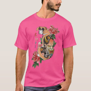 T-shirt Samouraï Boxer Chien Ukiyo E Fleurs Guerrier Japon