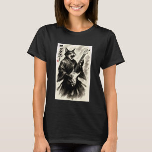T-shirt Samouraï Rock Chat Encre Japonaise Guitare