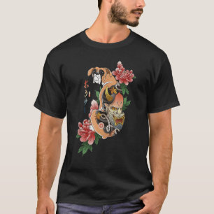 T-shirt Samurai Boxer Chien Ukiyo E Fleurs Guerrier japona