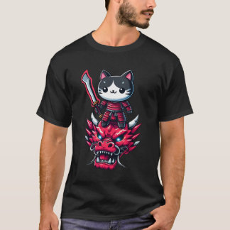 T-shirt Samurai Chat avec épée sur dragon dans Epic 3D Eff