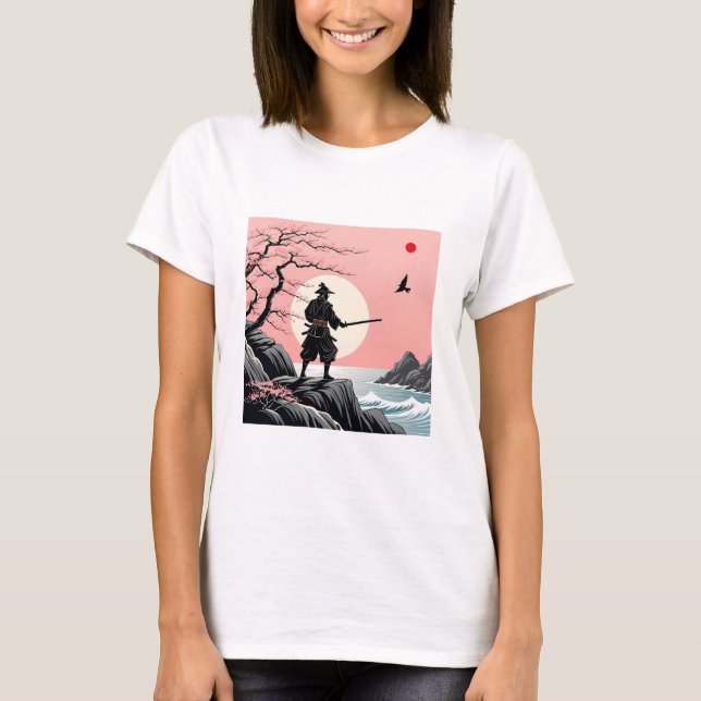 T-shirt Samurai Sunset Design - Ukiyo-e Cherry Blossom Art (Devant)