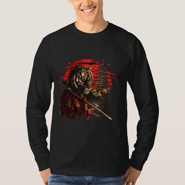 T-shirt Samurai Tiger Temple Japanese Samurai Tiger Anime  (Devant)