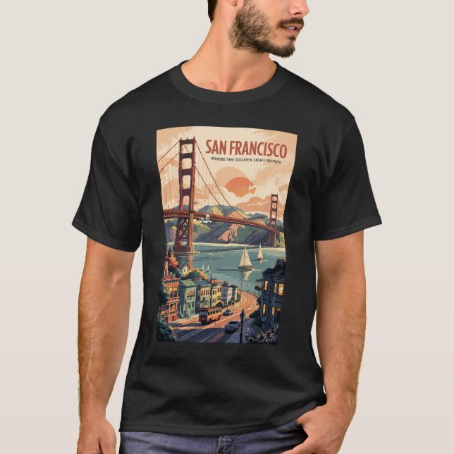 T-shirt San Francisco California Skyline Travel Art Retro (Devant)