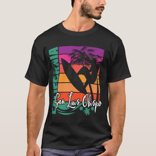 T-shirt San Luis Obispo California Retro Sunset Beach Surf (Devant)