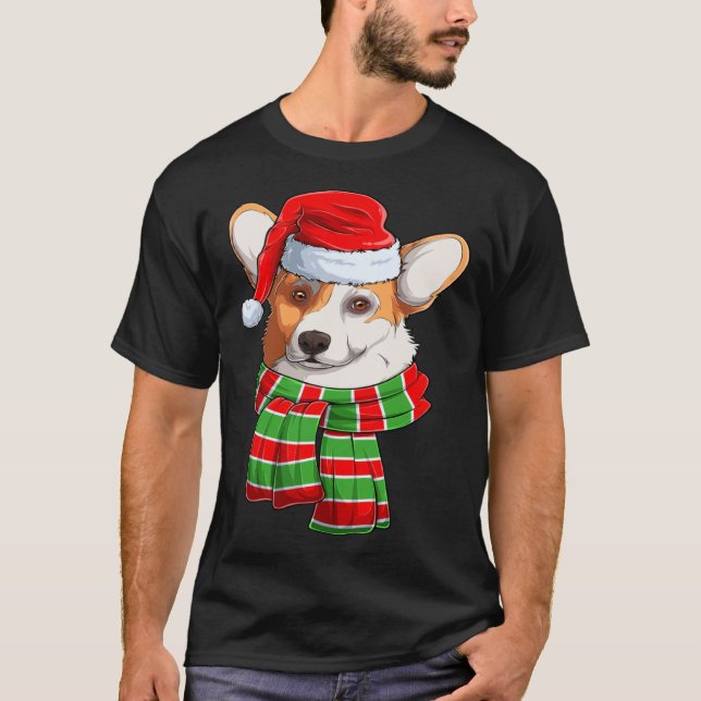 T-shirt Santa Christmas Tree Lights Xmas Scarf Corgi (Devant)