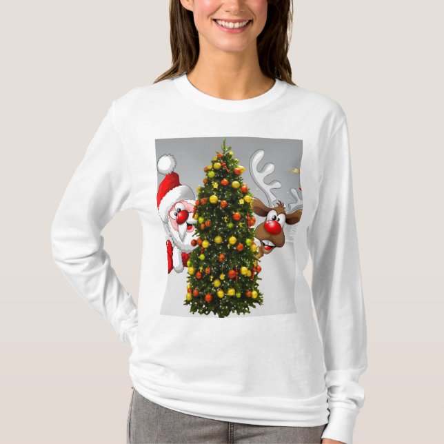 T-shirt Santa claus and reindeer behind a christmas tree.j (Devant)