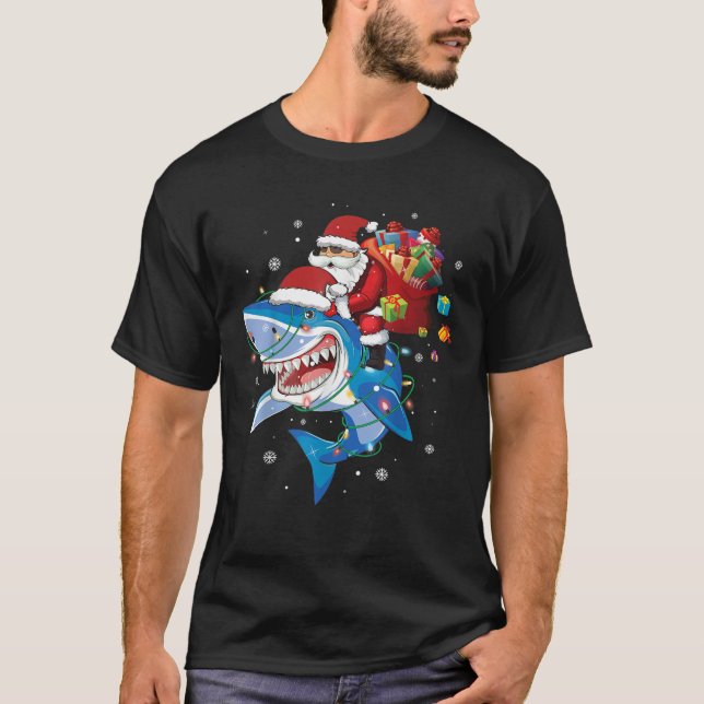 T-shirt Santa Claus équitation requin amoureux Joyeux Noël (Devant)