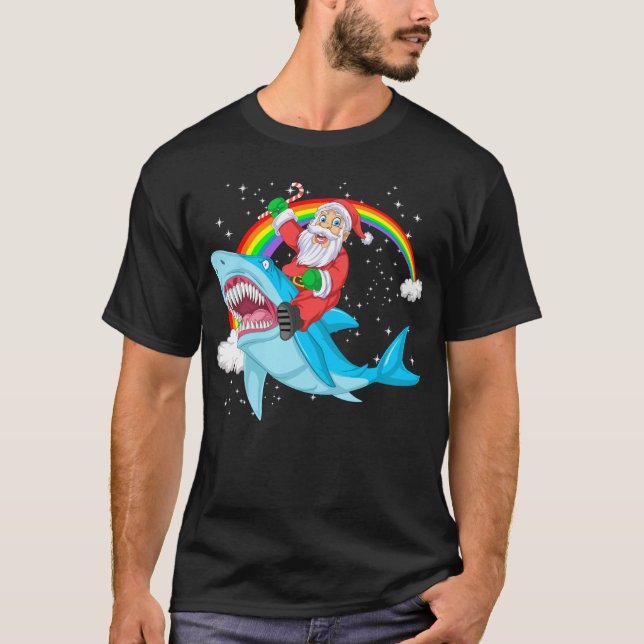 T-shirt santa claus équitation requin noël (Devant)