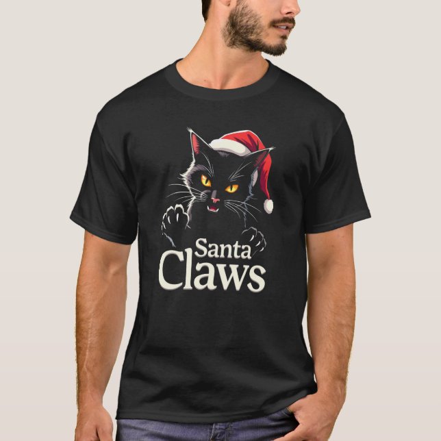 T-shirt Santa Claws – Funny Black Cat Christmas Design (Devant)
