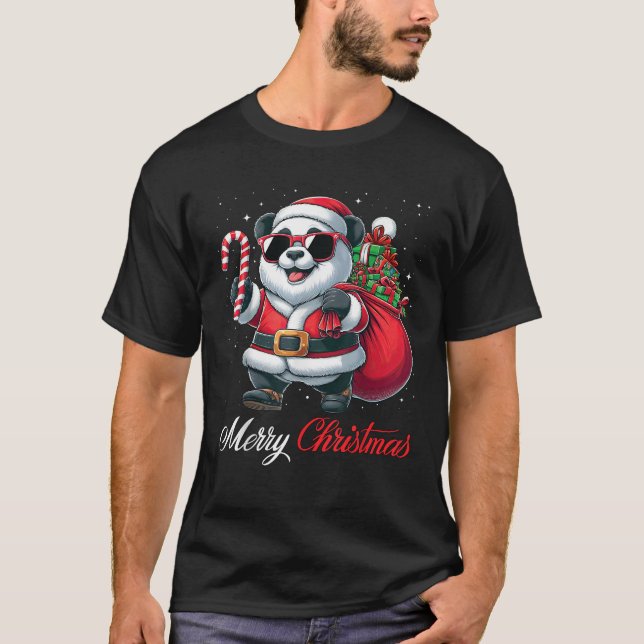 T-shirt Santa Panda Sunglasses Candy Cane Merry Christmas  (Devant)