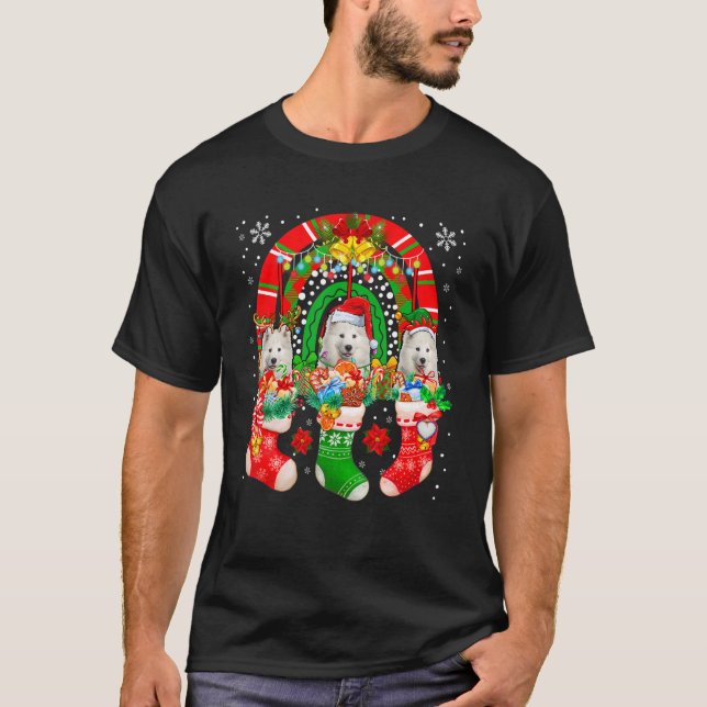 T-shirt Santa Reindeer Elf Samoyed Dogs (Devant)