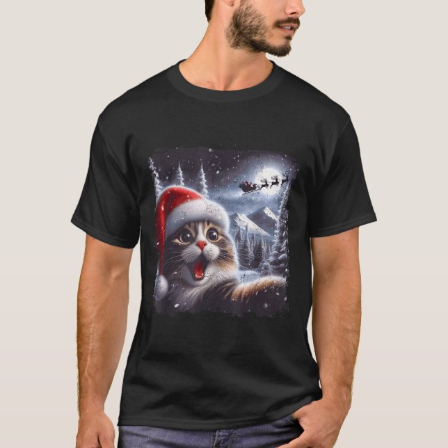 T-shirt Santa Reindeer Selfie Cat Funny Christmas Tee  (Devant)