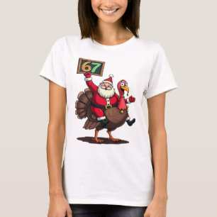 T-shirt 🎅🦃 Santa sur un Dindon avec le Numéro 67 Drôle