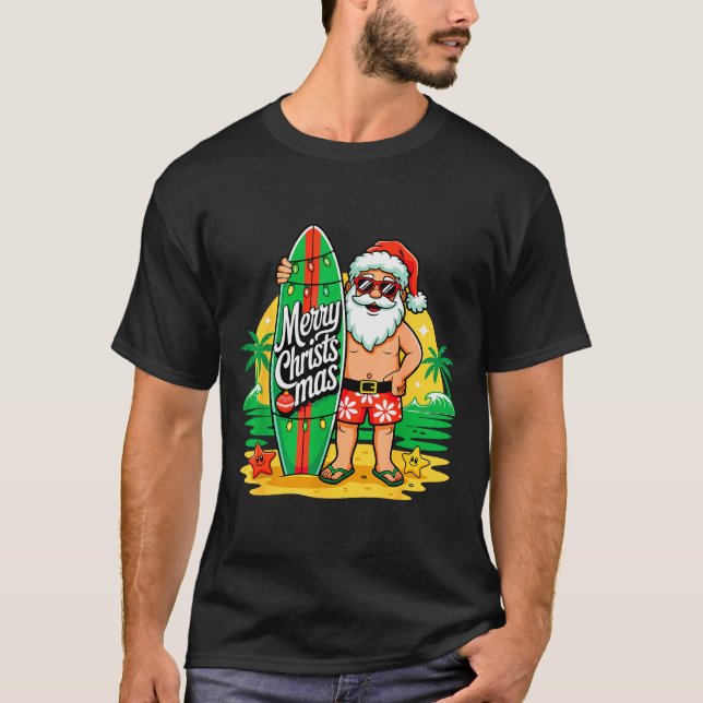 T-shirt Santa Surfing Hawaiian Beach Christmas In July Tro (Devant)