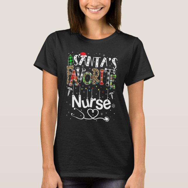 T-shirt Santa's Favorite Nurse Christmas Tree Xmas Lights  (Devant)