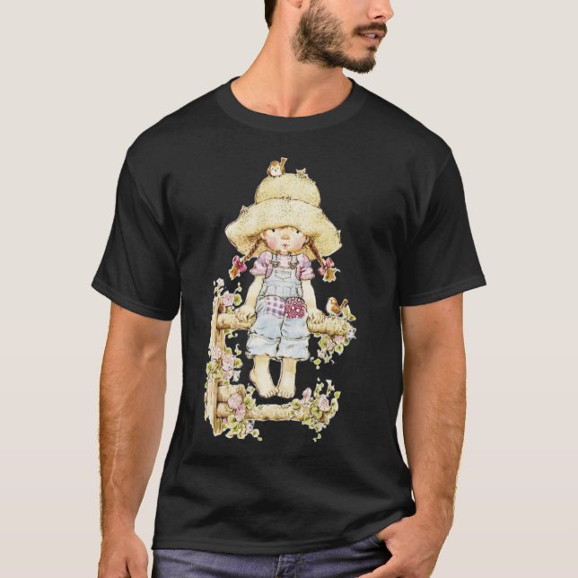 T-shirt Sarah Kay - Fille assise sur une clôture avec des  (Devant)