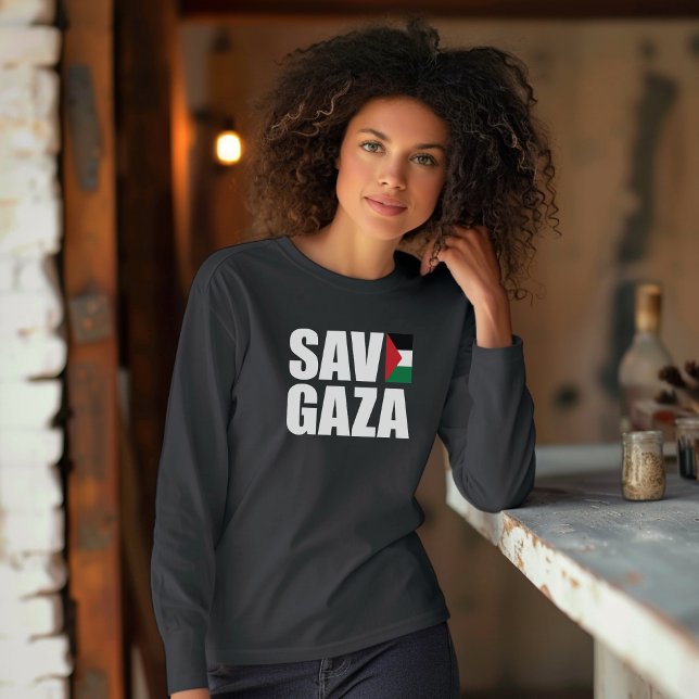 T-shirt SAVE GAZA noir manche longue pour femme musulmane (Créateur téléchargé)