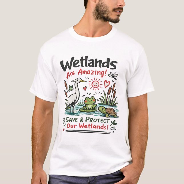 T-shirt Save Our Wetlands Cute Wildlife Doodle Art (Devant)