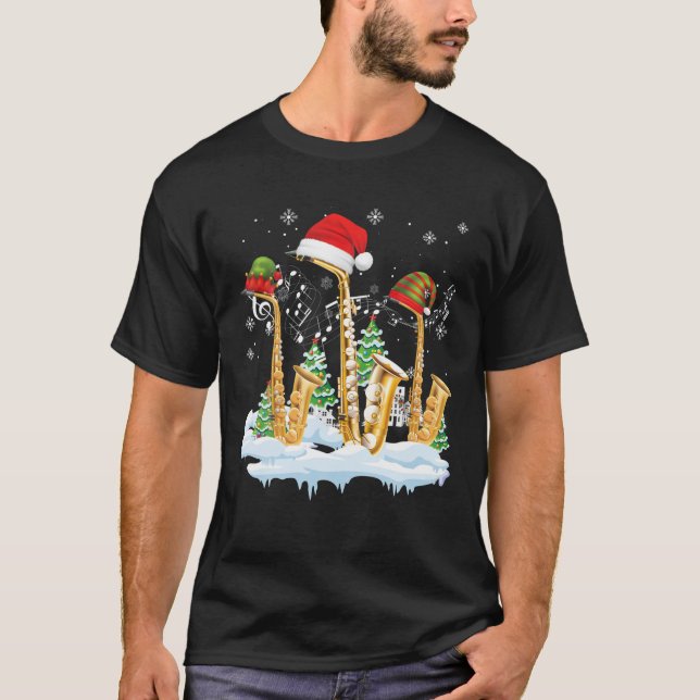 T-shirt Saxophone Jazz Santa Hat Christmas Tree Musician S (Devant)