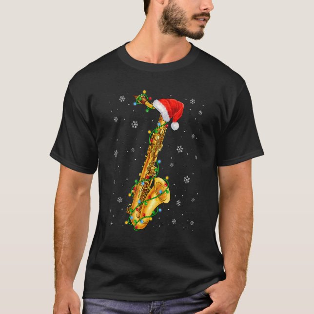 T-shirt Saxophone Musique Noël Lumières Santa Hat Noël (Devant)