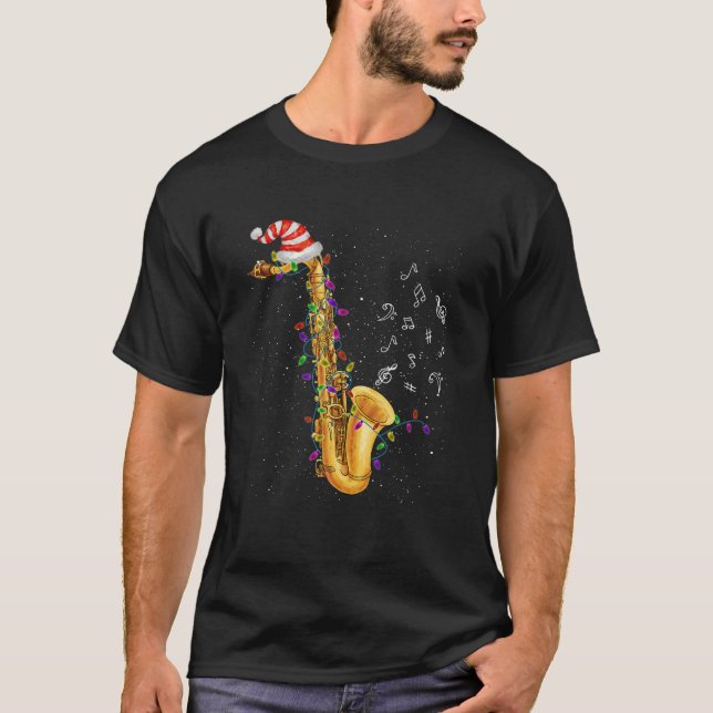 T-shirt Saxophone Noël Santa Hat Lumières Drôle Musique X (Devant)