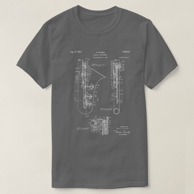 T-shirt Saxophone Selmer Brevet Saxophone Art Plan (Design devant)