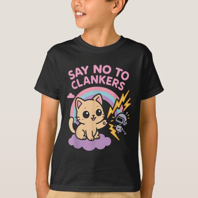 T-shirt Say No To Clankers Anti Ai Robots Cute Kitten Rain (Devant)