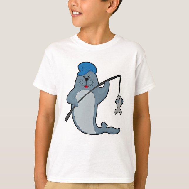 T-shirt Sceau à la pêche avec bâtonnet de pêche et poisson (Devant)