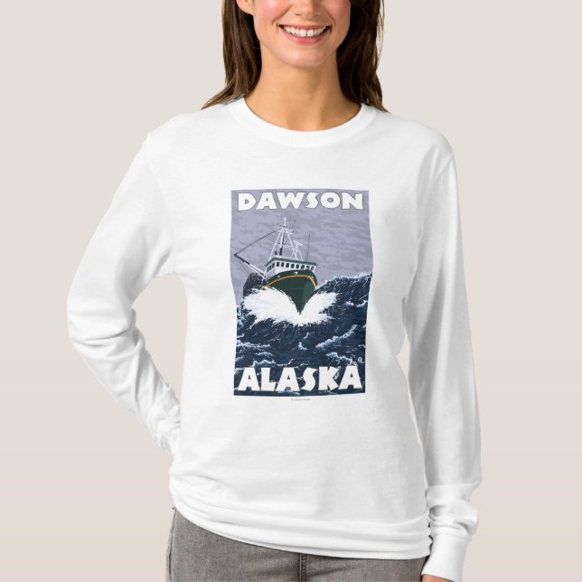 T-shirt Scène de bateau de pêche - Dawson, Alaska (Devant)