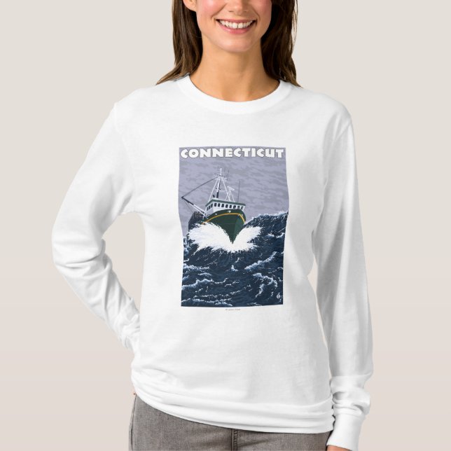 T-shirt Scène de bateau de pêche de ConnecticutCrab (Devant)